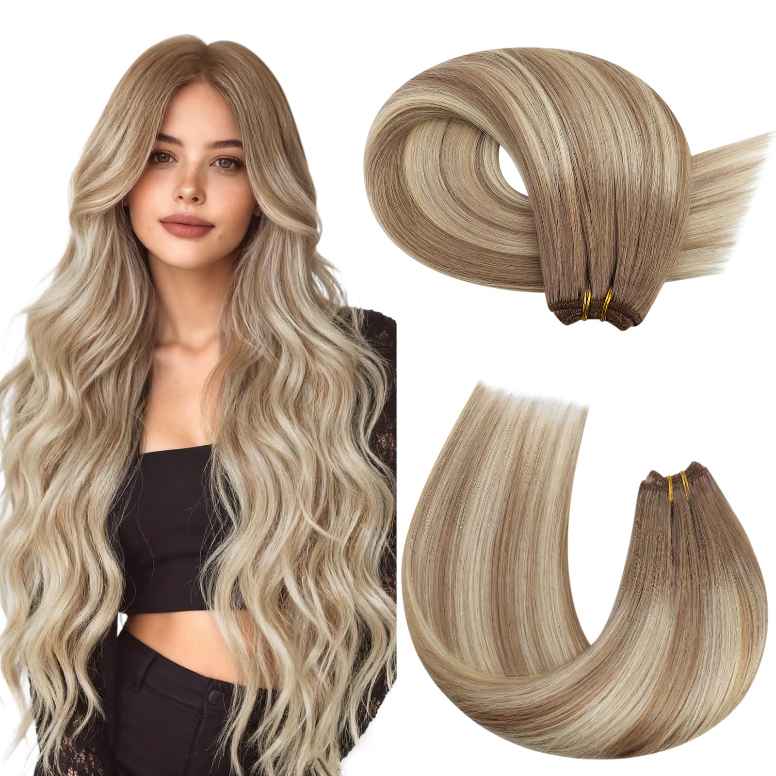 Moresoo Weft Hair Extensions Real Human Hair Balayage Sew in Hair Extensions Brown Root to Platinum Blonde 20 Inch 100g #8/22/8 — image 1