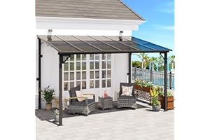 MEISSALIVVE 8' x 12' Wall Mounted Pergola, Lean to Metal Awnings, Sloped Roof Patio Gazebo Awning, Black