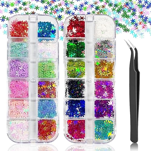24 Color Snowflake Nail Glitter Sequins - 3D Acrylic Nail Stickers - Mixed Paillettes Holographic Tips Decals Set with 1 Nail Tweezers for Christmas Nail Art Decorations/DIY Crafting/Makeup, 2 Boxes