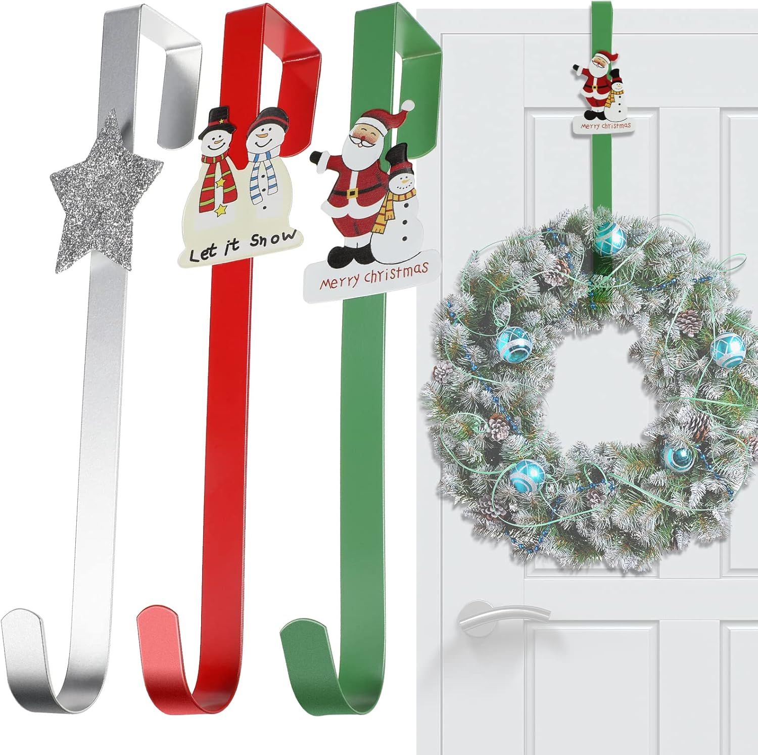 Wreath Hangers - Hotop 3 Pieces 12 Inch Christmas Wreath Hangers Cartoon Over The Door Hooks Winter Snowmen Santa Claus Star Front Door Hangers for Christmas Party Festival Decorations