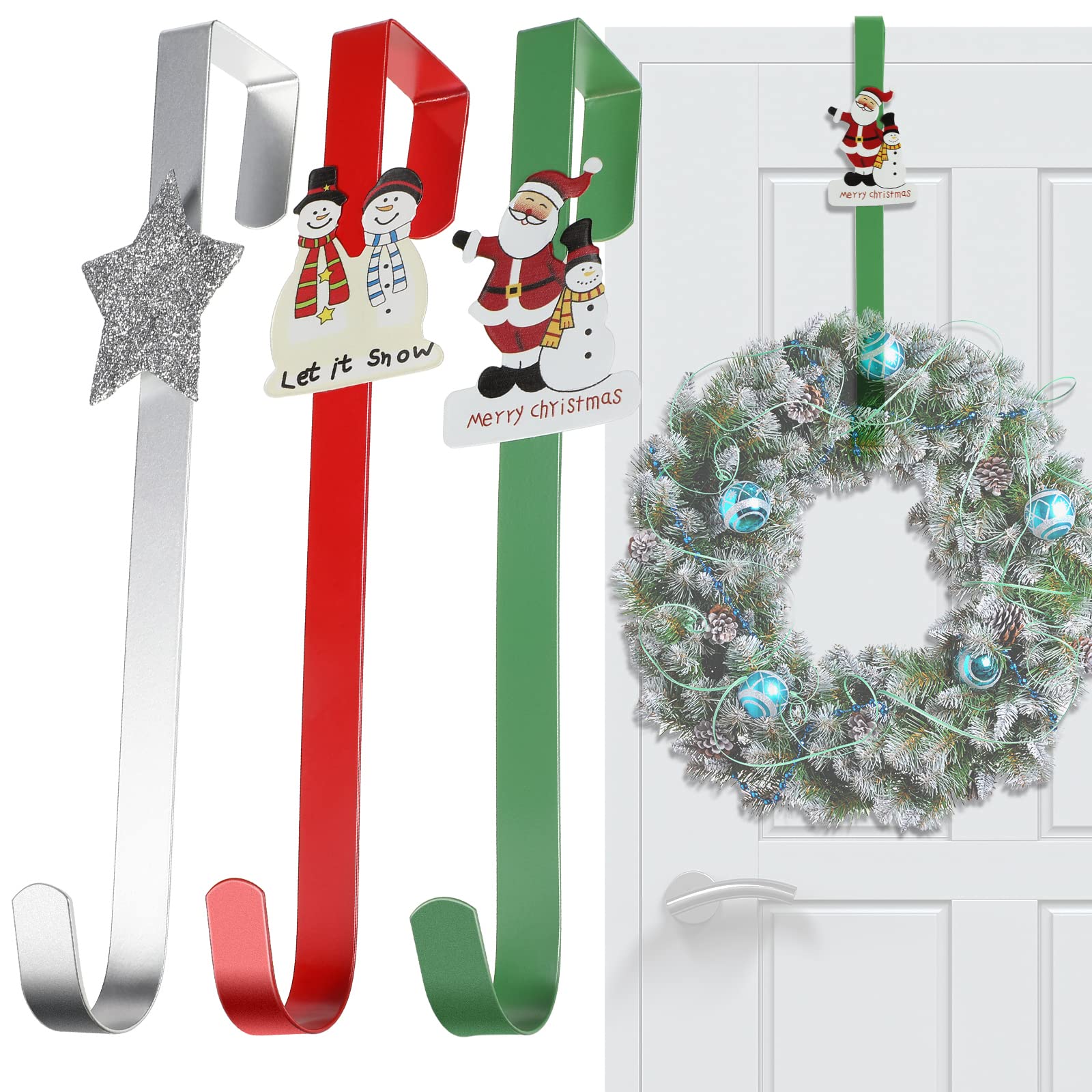 3 Pieces 12 Inch Christmas Wreath Hangers Cartoon Over The Door Hooks Winter Snowmen Santa Claus Star Front Door Hangers for Christmas Party Festival Decorations