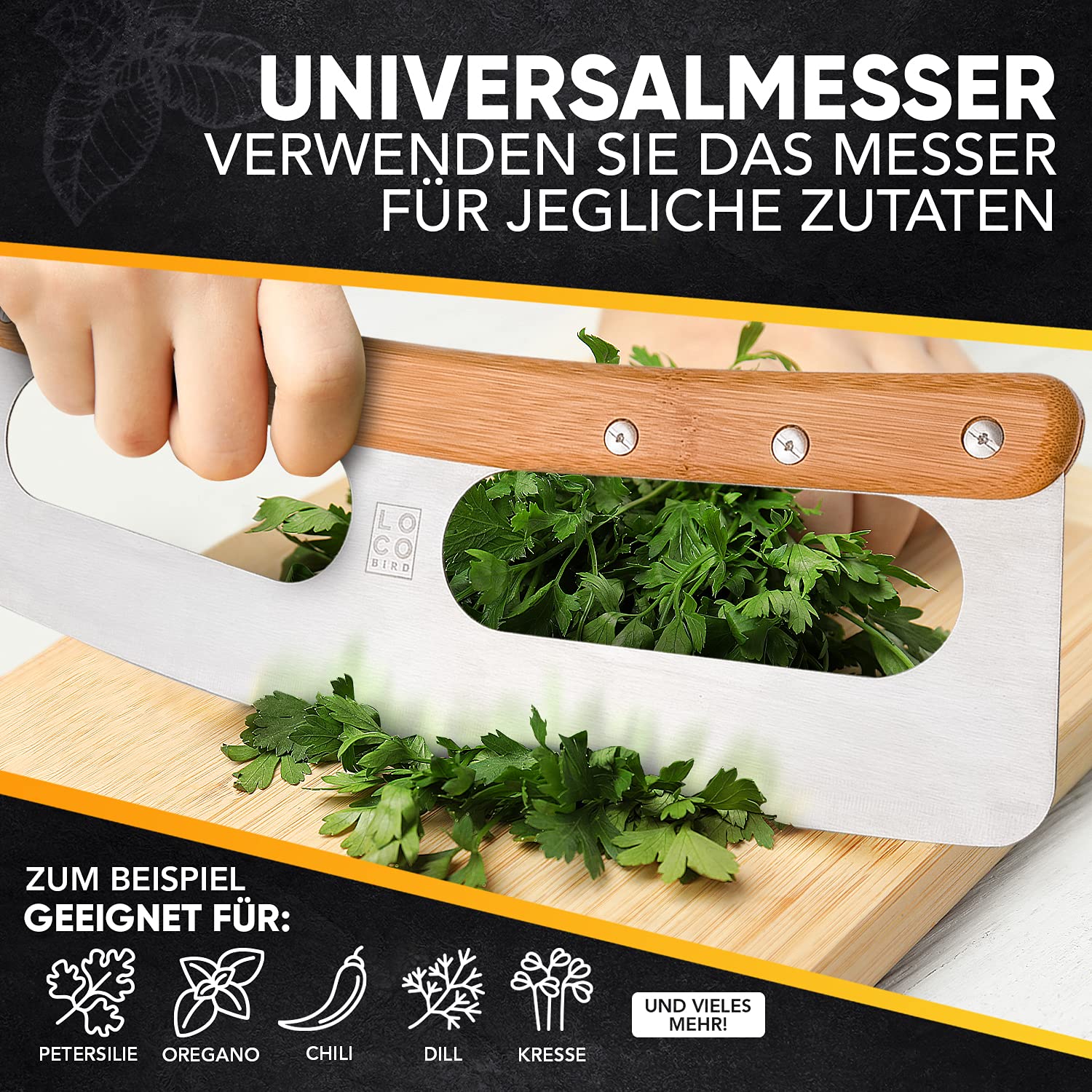Loco Bird Pizzaschneider 34,5cm - Pizzamesser aus Edelstahl mit Bambusgriff - Pizza schneider mit Klingenschutz - Vielseitig einsetzbares Pizza Wiegemesser lustig - cutter scharfe Edelstahl Klinge 7