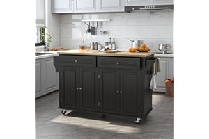 Squireewo 59" Kitchen Cart with Wood Top and Drop Leaf Breakfast Bar, Rolling Mobile Kitchen Island Table on Wheels with Drawer and Storage Cabinet, Spice Rack, Towel Rack, Black