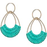 SELFWIMG Raffia Hoop Earrings for Women Fun Boho Summer Beach Earrings Lightweight Handmade Straw Wicker Rattan Dangle Earrings Statement Geometric Round Drop Earrings