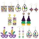 Nosiny 8 Pairs Mardi Gras Earrings Set for Women Bulk Mardi Gras Dangle Earrings Glitter Fleur De Lis Feather Mask Letter Beaded Layered Tassel Earrings Set for Carnival Holiday Cosplay Jewelry Gifts