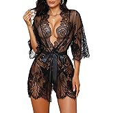 Rigeri Sexy Lingerie for Women Lace Kimono Robe Mesh Chemise Nightgown Lace Robe XS-3XL