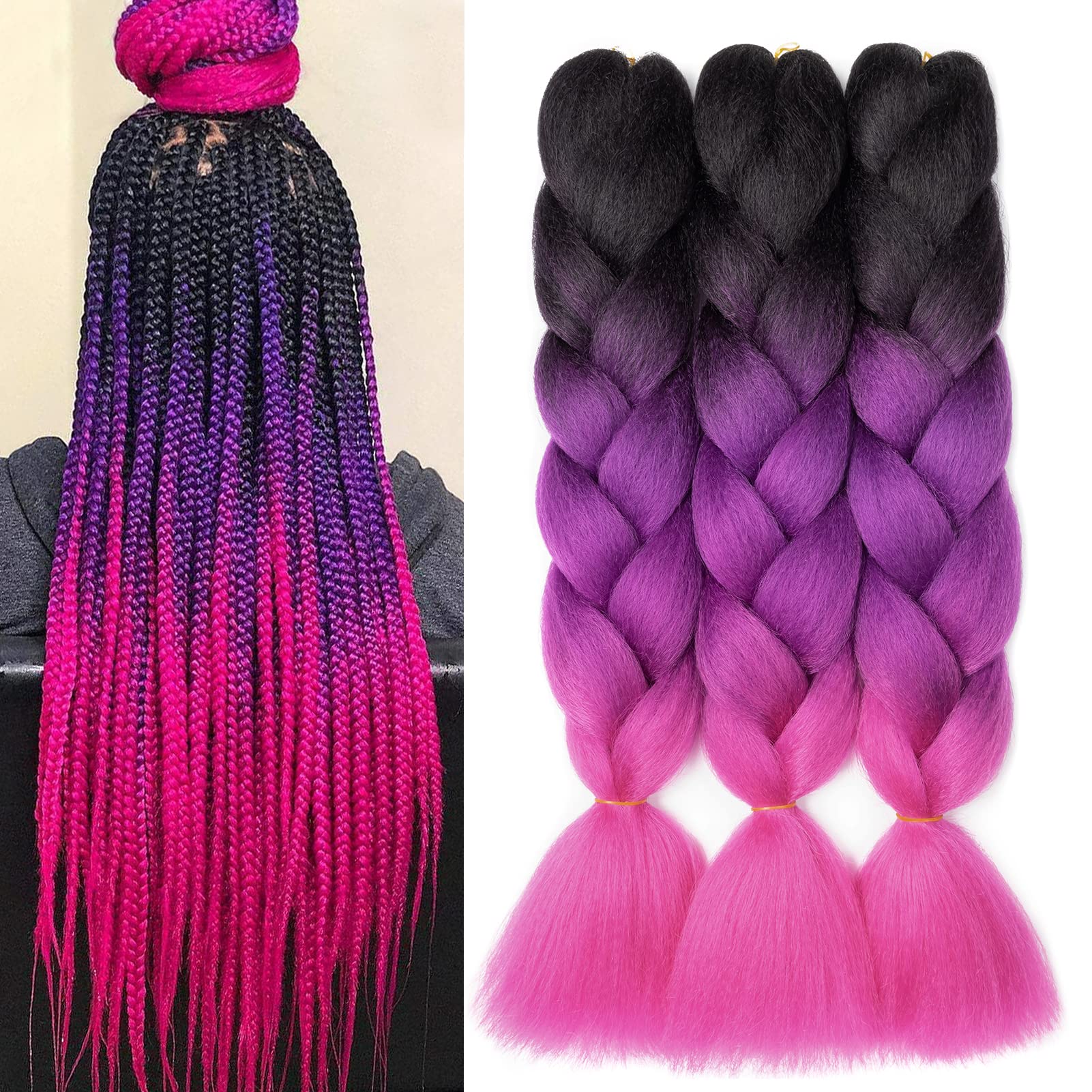 Gairyan Braiding Hair Extensions Ombre Jumbo Braids Synthetic Hair 3 Packs 24 inches 300g Coloured Hair for Braiding Extensions Box Braids Crochet Twist (Black-Purple-Rose Red) โ image 1