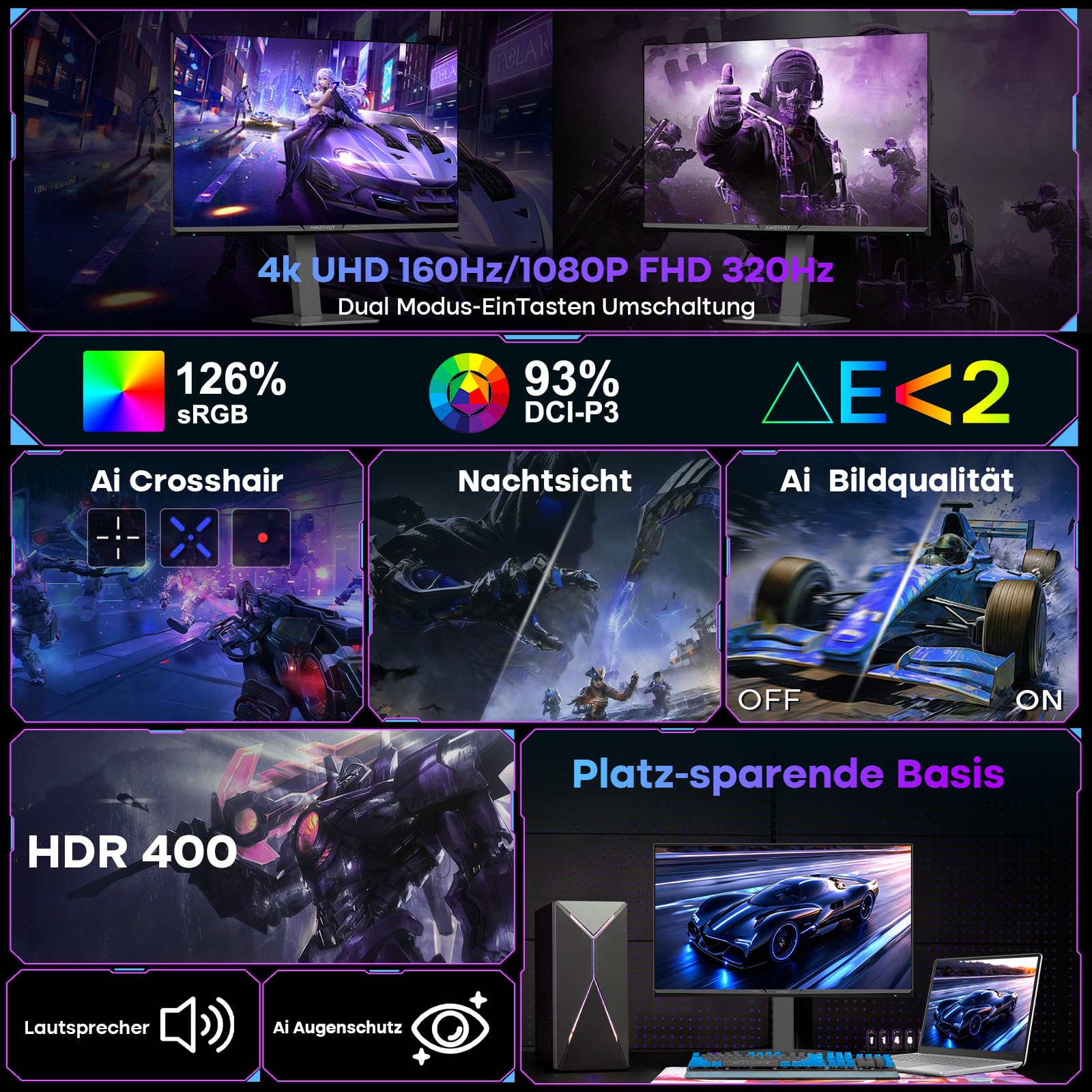 Amzfast Gaming Monitor 27 Zoll 4K mit Dual-Mode, UHD 160Hz/FHD 320Hz, Fast IPS Monitor, 1ms MPRT, Höhenverstellbar, HDR 400, sRGB 126%, HDMI 2.1, DP 1.4, PBP/Pip, Adaptive Sync - AMZG27F6U 2