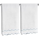 CASYUNE 100% Cotton Scalloped Hand Towels 600 GSM Embroidered Soft Absorbent Decorative Bath Towels for Bathroom Hotel Spa Yoga Sport Blue 2-Pack 27" L x 16" W
