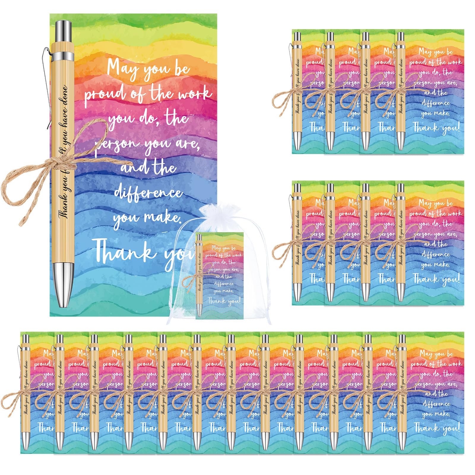 Clabby 20 Sets Thank You Gifts Motivational Pens Greeting Cards Appreciation Bulk Inspirational Ballpoint Pens with Cards Organza Bag for Colleagues Teacher Nurses Gifts ot Month(Stylish)