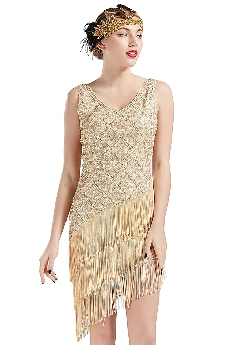 Coucoland 1920s Kleid Damen Flapper Charleston Kleid V Ausschnitt Great Gatsby Motto Party Damen Fasching Kostüm Kleid