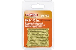 INDPROD INDOROD #8 x 1-1/2" Truss Head Phillips Wood Screw (50 Pack), Brass Plated Screws, Self Tapping Wood Screws, Modified Truss Head, Brass Screws for Wood, 8 x 1-1/2 Inch, Gold