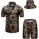 fohemr Mens Luxury Outfit Set Black Gold Shirts And Shorts 2 Piece Tracksuit Set Baroque Button Down Suit with Bucket Hats