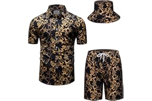 fohemr Mens Luxury Outfit Set Black Gold Shirts And Shorts 2 Piece Tracksuit Set Baroque Button Down Suit with Bucket Hats