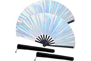 PUGPIU Fans for Line Dancing, 2 Pcs Boots On The Ground Hand Fan, Large Clacking Pop Fans Handheld That Make Sound, Women Men Foldable Clapping Fan for Line Dancing (Laser Silver2)