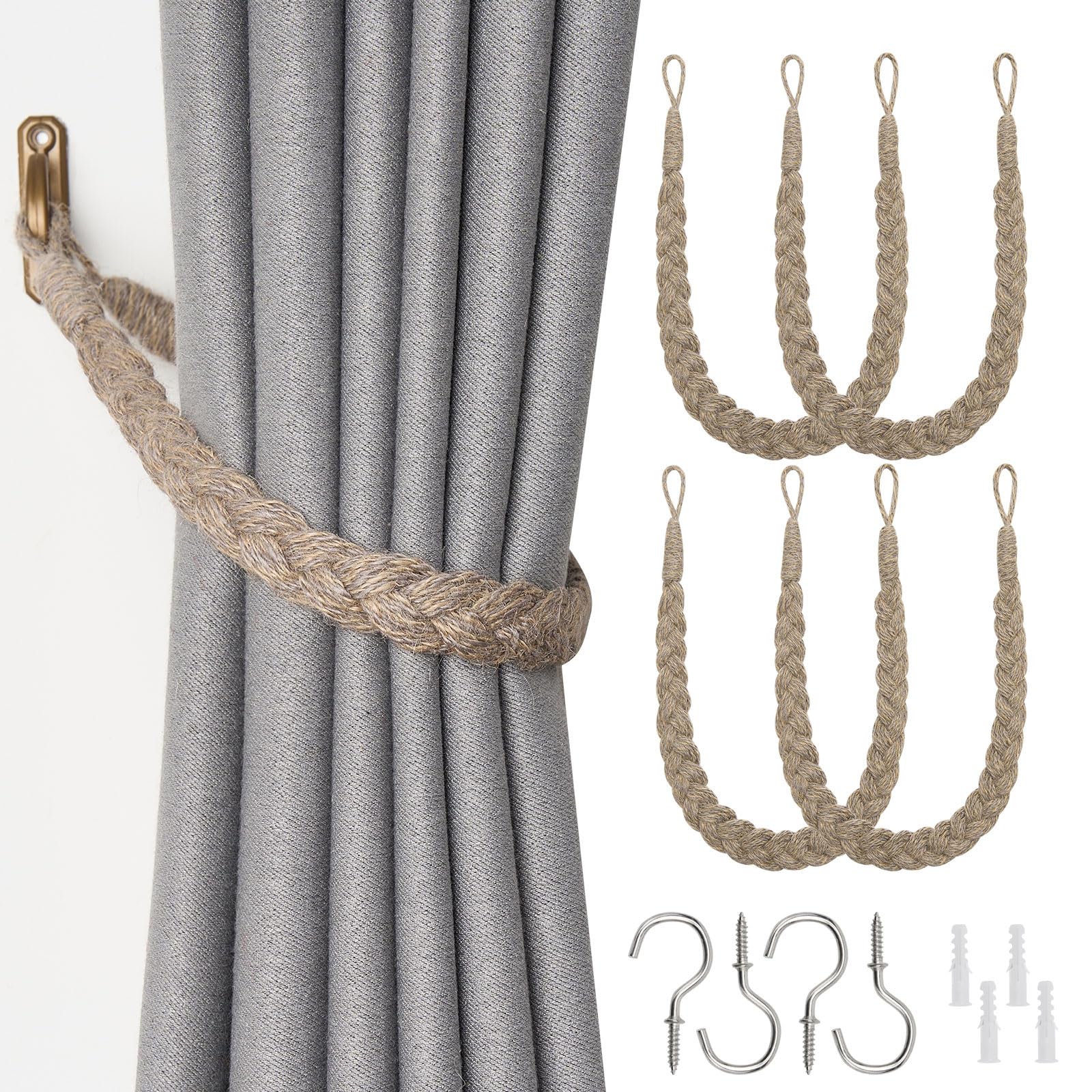 Pretty Jolly 4 Pack Natural Jute Rope Curtain Tiebacks Boho Rustic Style Decorative Drape Tie Backs Elegant Hand-Woven Rope Curtain Holdbacks with Metal Hook for Home & Office Drapery (Jute-Grey)