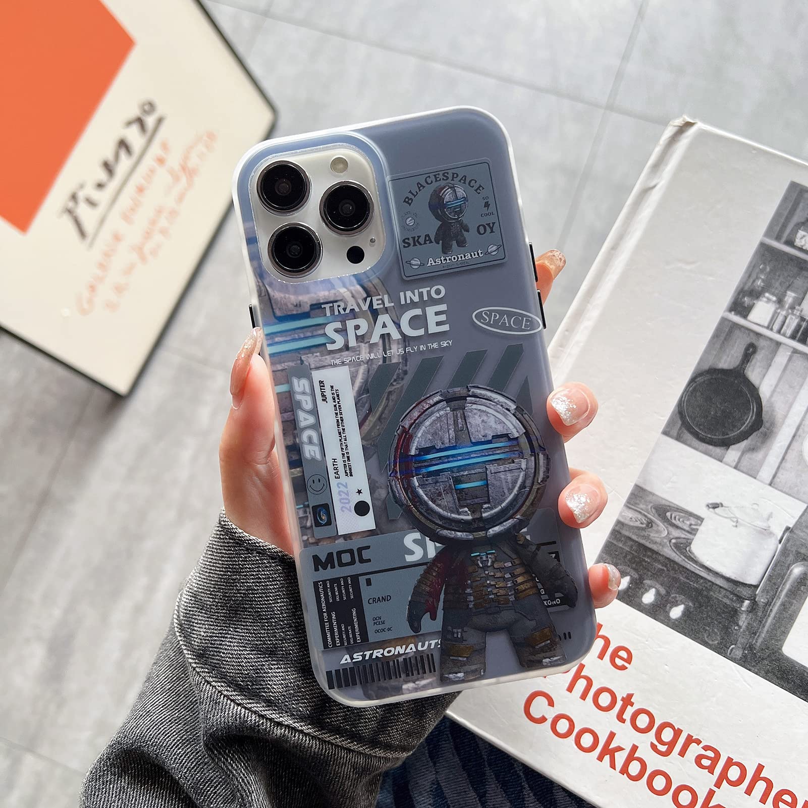 Yonds Queen Compatible with iPhone 14 Pro Cute Case, Cool Cartoon Astronaut Space Moon Design Stylish IMD Cover Bumper Shockproof Anti-Slip Protector Fashion Case (Grey, iPhone 14 Pro)