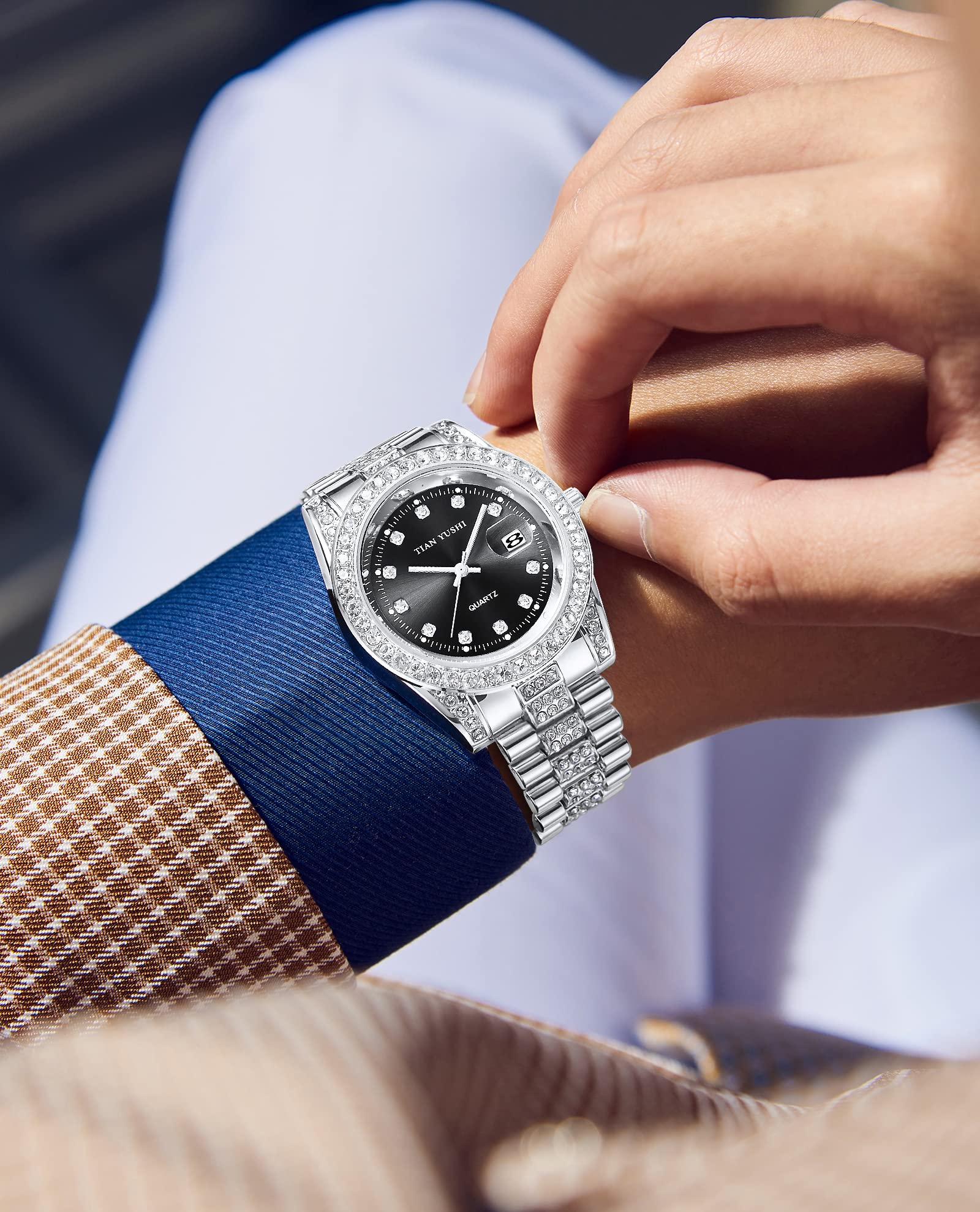 DROCUAMGOYA Men Women Diamond Watch Stainless Steel Quartz Analog Casual Dress Wristwatch Crystal Bezel Dial Couple Watch