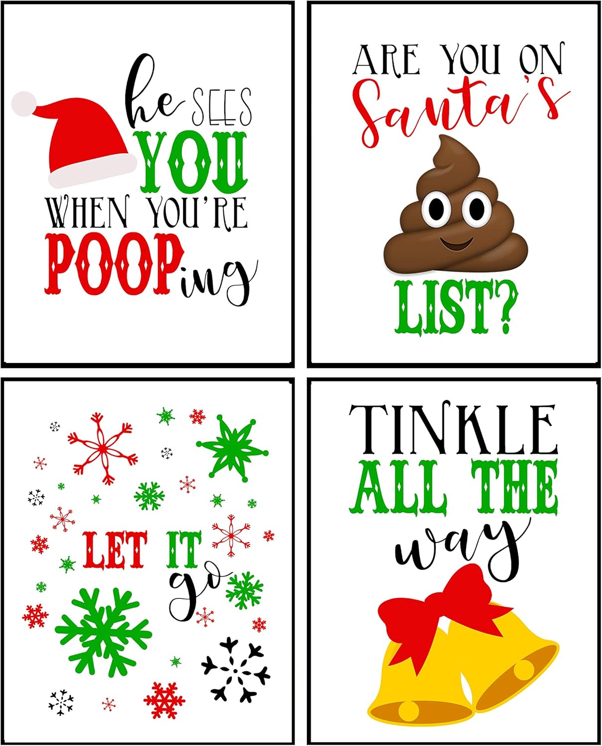Wall Décor - Funny Christmas Bathroom Themed Art Print Wall Sign Poster Set (Funny Bathroom Set of 4)