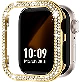 Missair Bling Case Compatible with Apple Watch Series 6 5 4 SE, Women Glitter Double Row Crystal Diamond Frame Stainless Steel Metal Protective Cover Bumper for iWatch 44mm, Gold