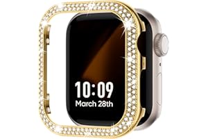 Missair Bling Case Compatible with Apple Watch Series 9 8 7, Women Glitter Double Row Crystal Diamond Frame Stainless Steel Metal Protective Cover Bumper for iWatch 45mm, Gold