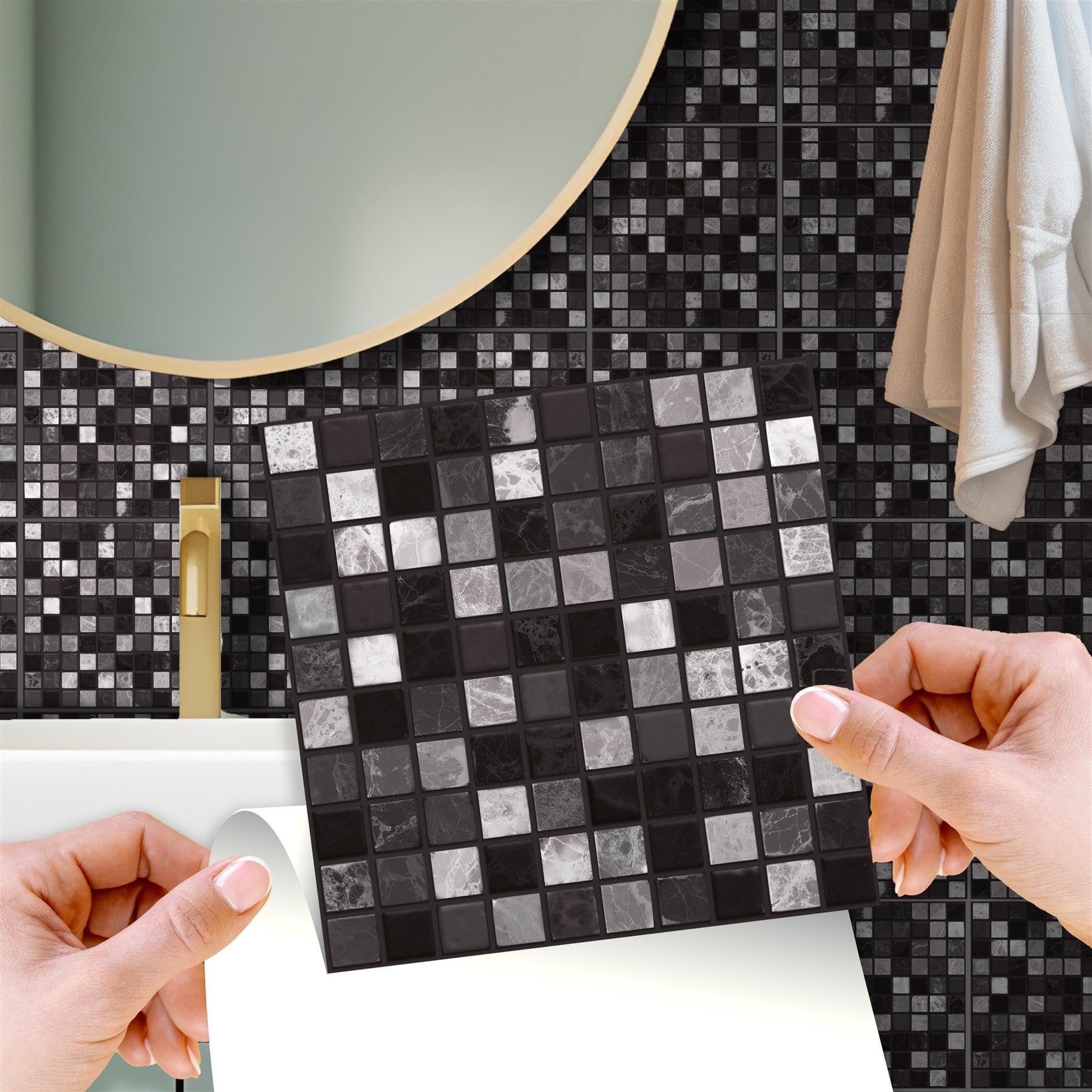 WALPLUS 15cm(6")@24pcs Marquina Metallic Black & White Marble Mosaic Wall Tile Sticker Tile Paint Stick on Tiles Peel and Stick Self Adhesive Tile Sticker for Kitchen Bathroom Tile Transfer Backsplash