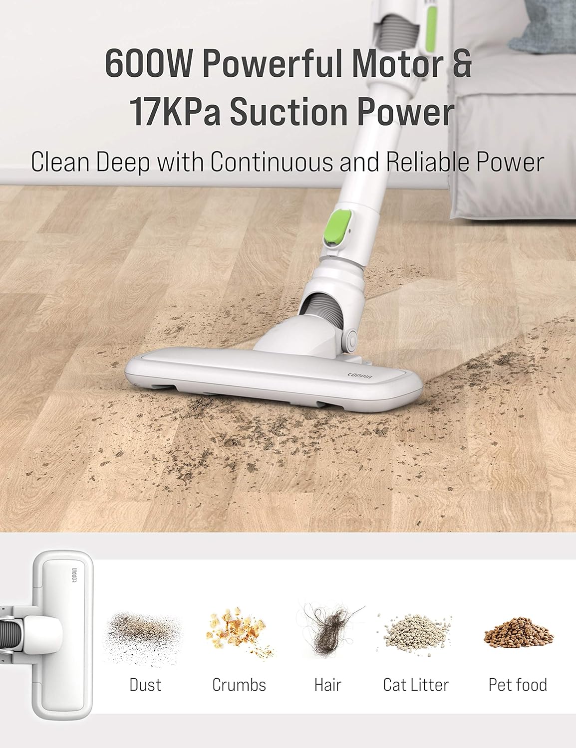 TOPPIN Bendable Corded Stick Vacuum Cleaner - 600W 17kpa Powerful Suction Lightweight Handheld Vacuum, 0.8L Dust Cup, Perfect for Pet Hair Hard Floor Home Deep Clean -