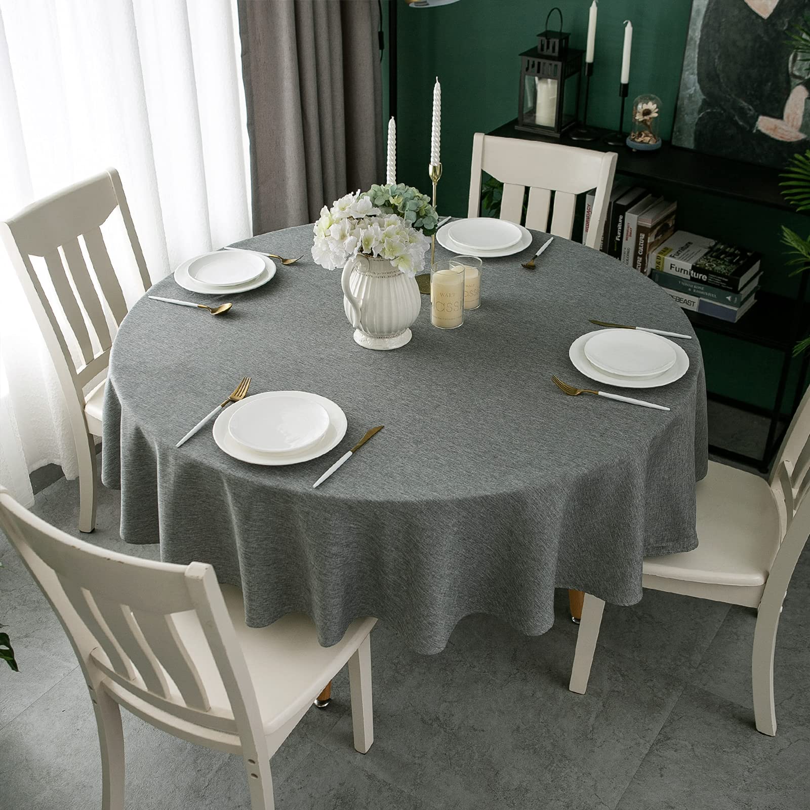 Photo 1 of Qidordour Round Tablecloth,60 inch Diameter,Faux Linen Table Cloth,Water Resistant Spill-Proof Wipeable Polyester Dining Table Cover for Kitchen Cafe Restaurant Buffet Tabletop Decoration,Grey