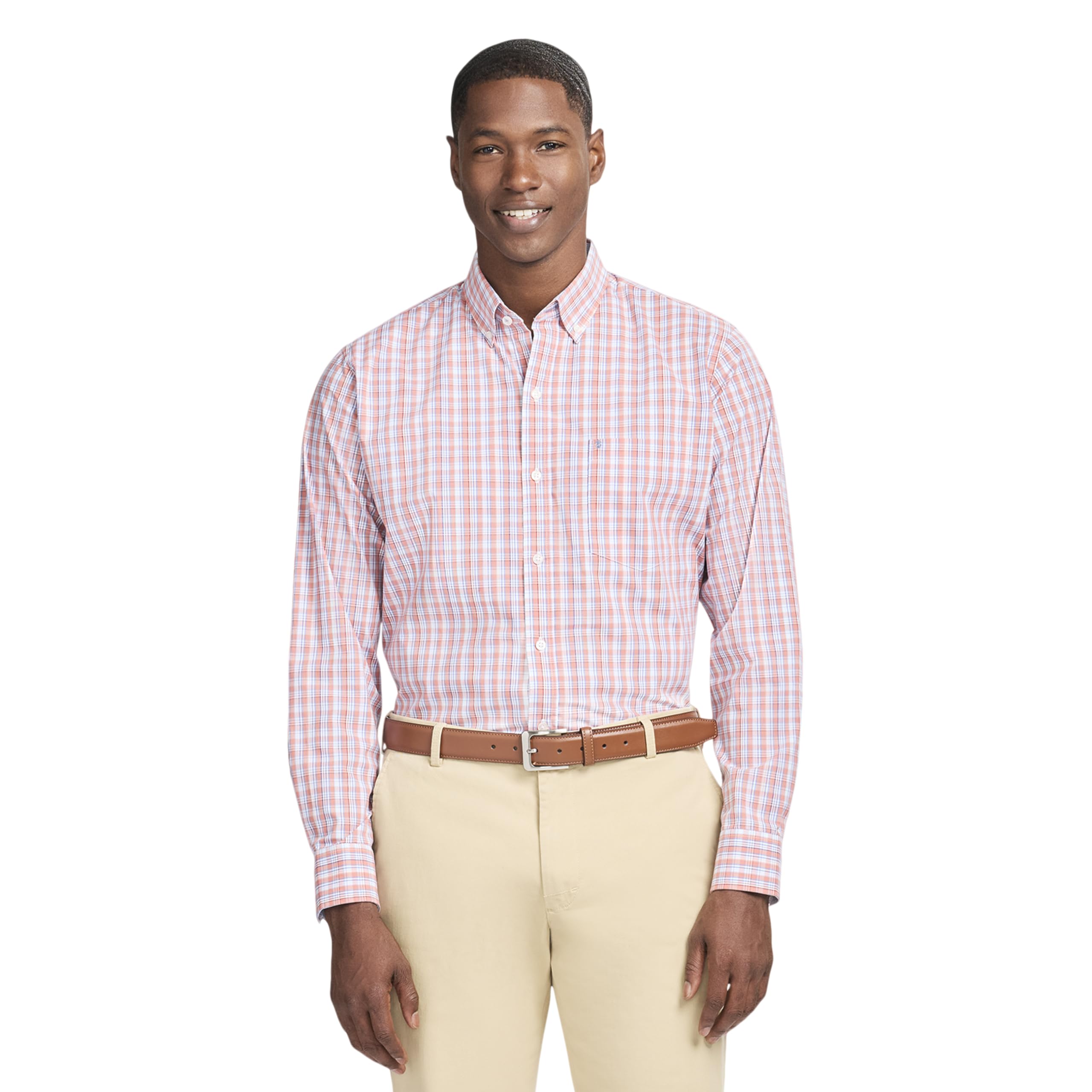 Izod Men's Performance Comfort Long Sleeve Plaid Button Down, Coral Rose, Medium Image