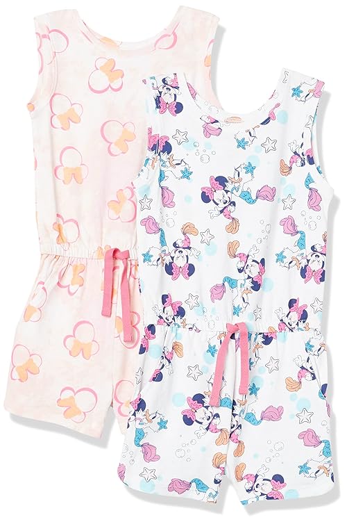 Amazon Essentials Disney | Marvel | Star Wars | Frozen | Princess Toddler Girls' Knit Sleeveless Rompers, Pack of 2, Minnie/Beach, 3T