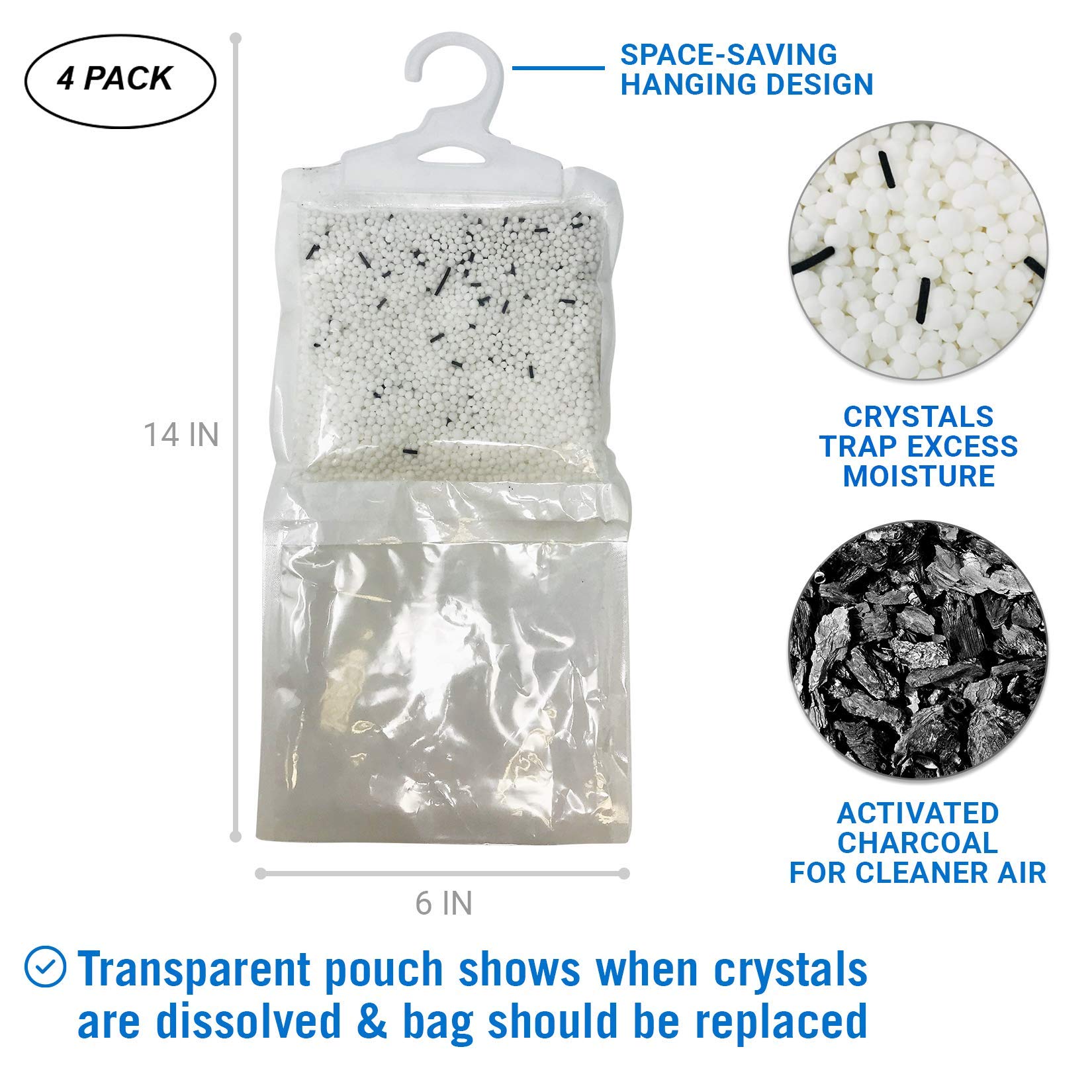4 Pack Moisture Absorber Hanging Bags, Boat Dehumidifier with Charcoal, Unscented, Removes Dampness and Musty Odors, Ideal for Basement, Closet, Home, Car, RV, and Boating
