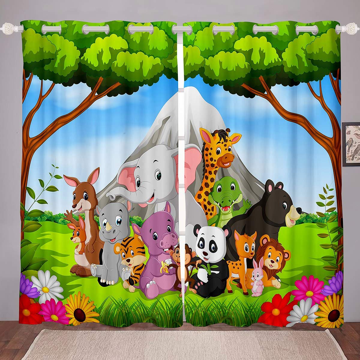Kids Curtains Cartoon Animal Printed Curtains for Bedroom Living Room Children Boys Girls Cute Elephant Giraffe Wildlife Windows Drapes Safari Zoo Pattern Room Decoration,W66*L72