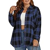 VISLILY Plus-Size-Tops for Women Casual Button Down Flannel Plaid Shirts Long Sleeve Tunics Collared Dressy Blouses XL-5XL