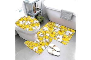 Jbofyee Cartoon Duckies 3 Piece Bathroom Rugs Set, Bath Mat + Contour Mat + Toilet Seat Cover, Non-Slip Soft Microfiber Cute Rubber Ducks Bathmat for Tub Shower Room Decor, Machine Washable