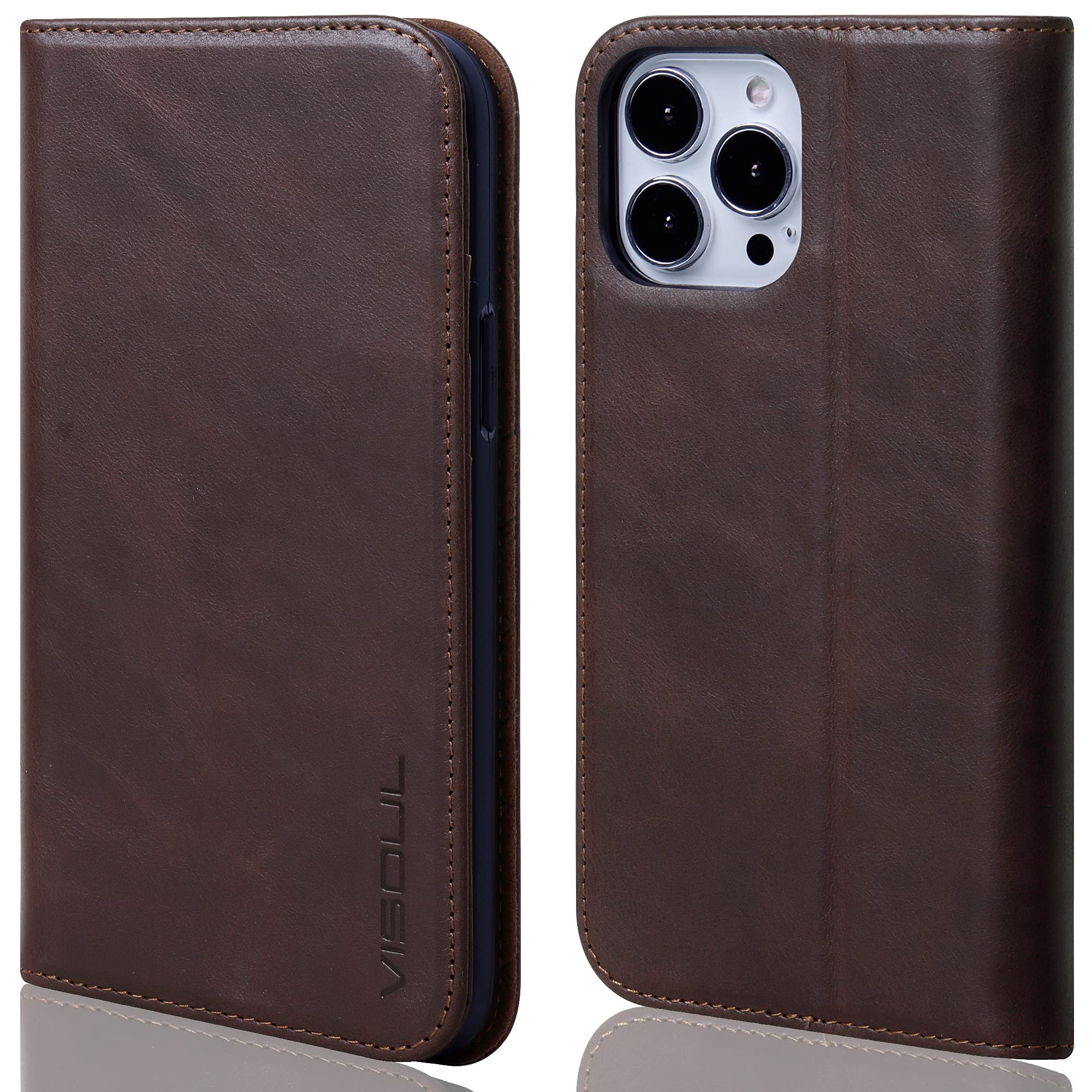 VISOUL Wallet Case Compatible for iPhone 13 Pro 6.1" 2021 Genuine Leather Folio Case, RFID Blocking, Magnetic, 3 Credit Card Slots, Kickstand, Shock Absorbing-Coffee