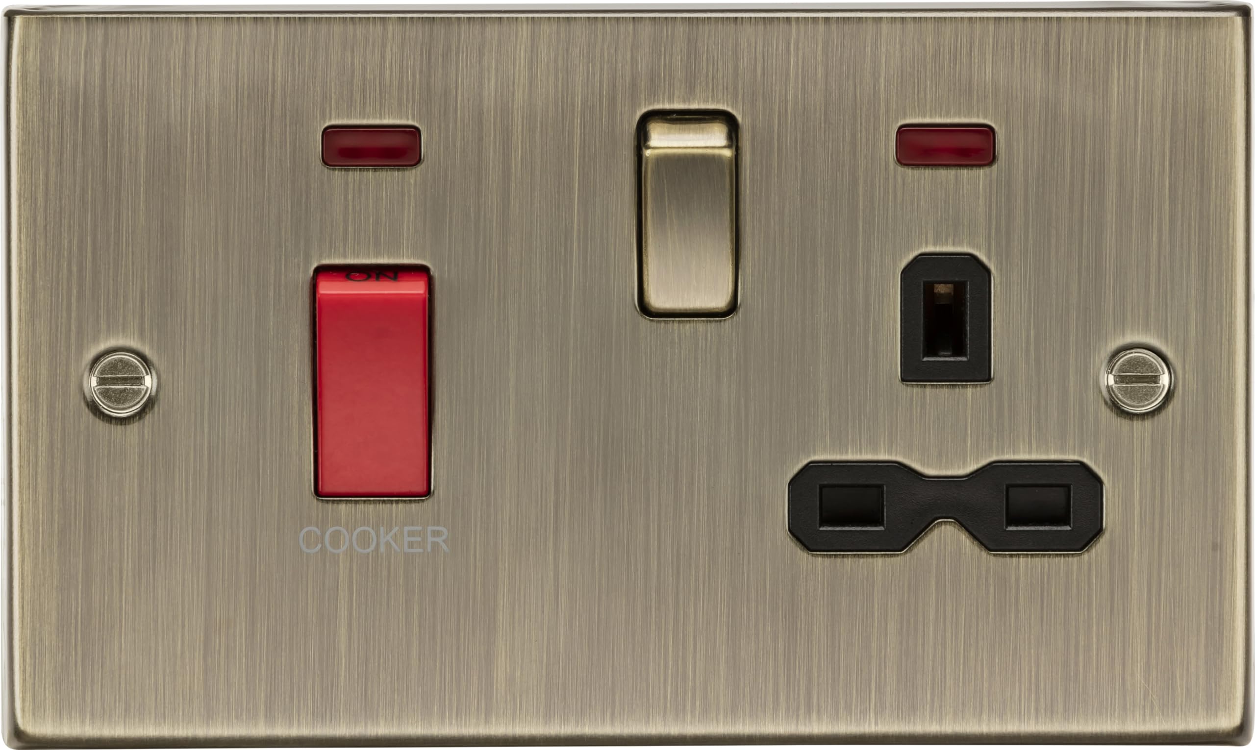 Knightsbridge CS83AB 45A DP Cooker Switch & 13A Switched Socket with Neons & Black Insert - Square Edge Antique Brass