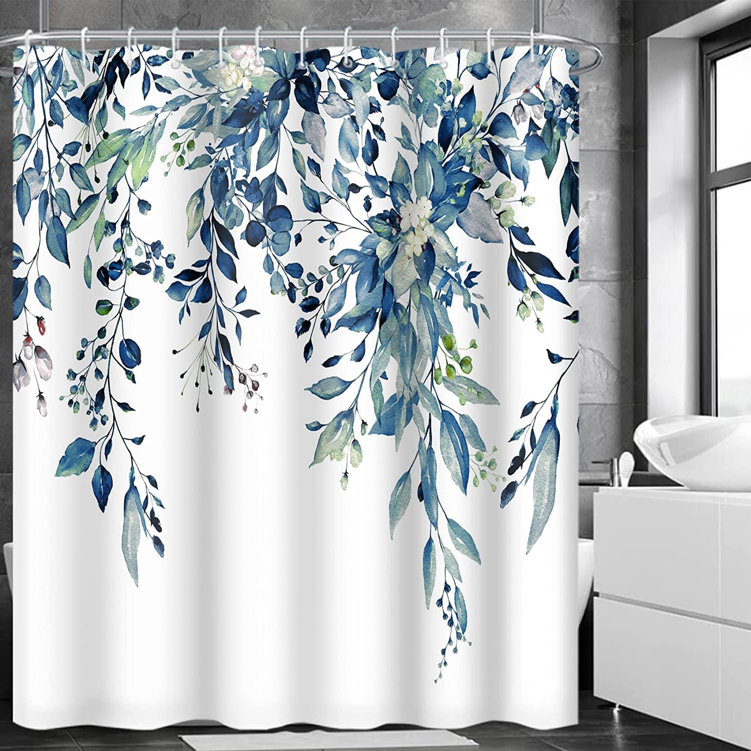 MIRRORANG Shower Curtain, Blue Floral Bathroom Shower Curtains Mildew & Mould Resistant Polyester Bath Curtains with 12 Hooks, Waterproof Quick-Drying Fabric Plant Shower Curtain(183 x 213 cm) — image 1