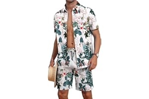 YTD Mens Flower Hawaiian 2 Piece Outfit Sets Short Sleeve Beach Casual Button Down Shirt and Shorts Suits