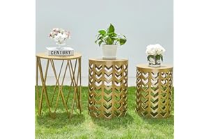 HFHOME Nesting Side Table Set of 3 Decorative Round Garden Stools for Indoor Outdoor Heavy Duty Metal Frame Side Table Nightstands Modern End Table Plant Stand, Glossy Golden