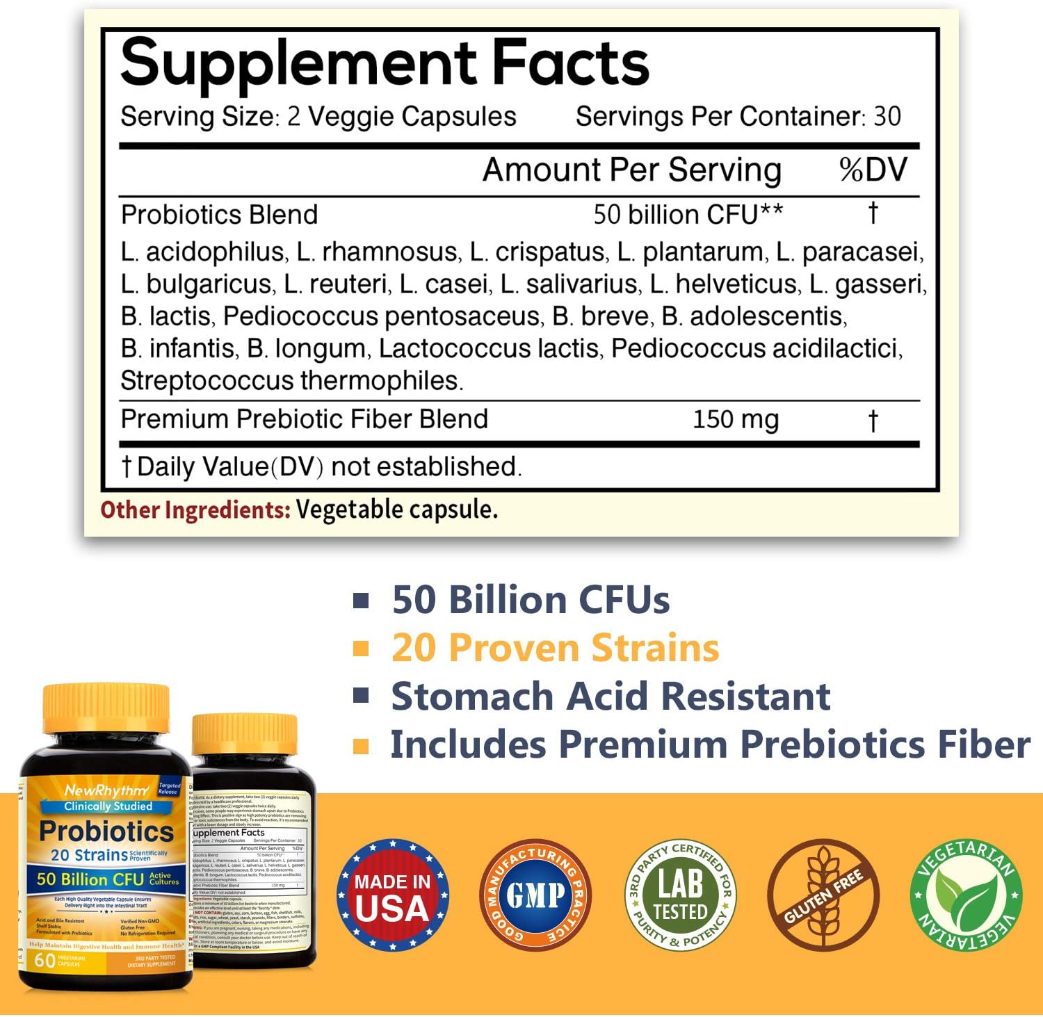 NewRhythm Probiotics 50 Billion CFU 20 Strains, 60 Veggie Capsules, Targeted Release Technology, Stomach Acid Resistant, No Need for Refrigeration, Non-GMO, Gluten Free: Health & Personal Care