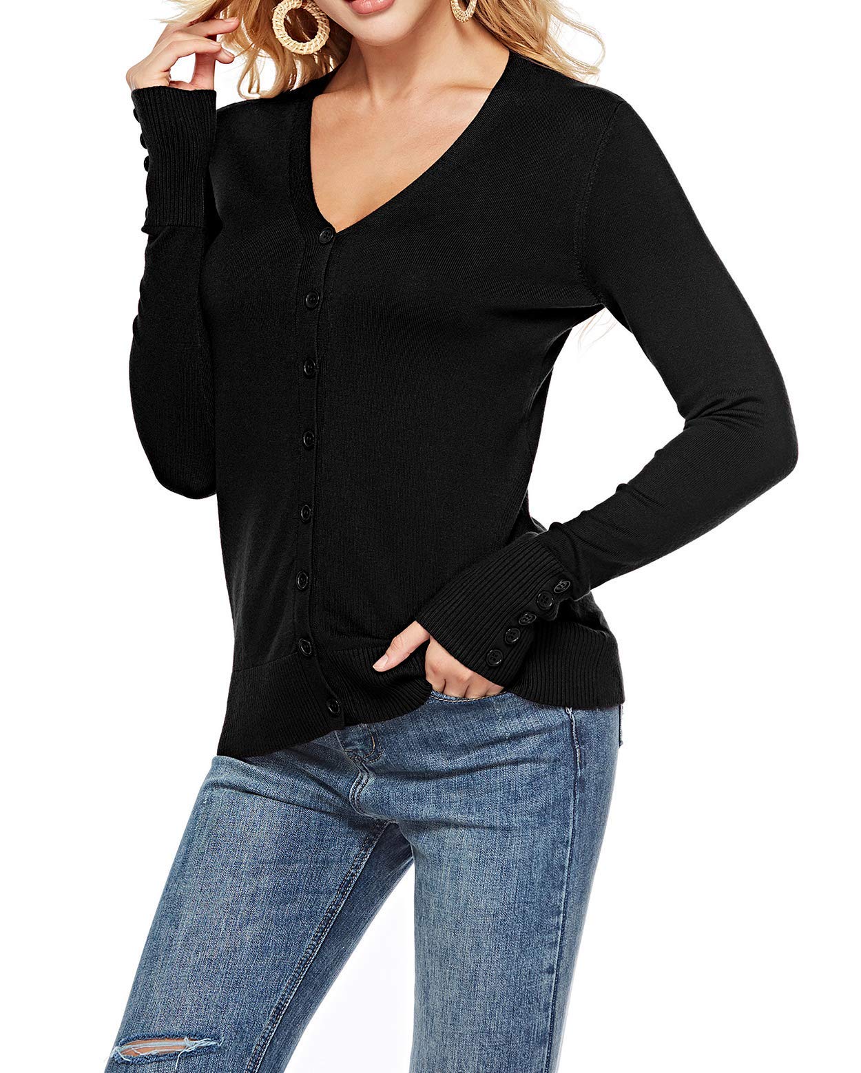 THANTH Womens V Neck Long Sleeve Button Down Knit Cardigan Sweater Black XL