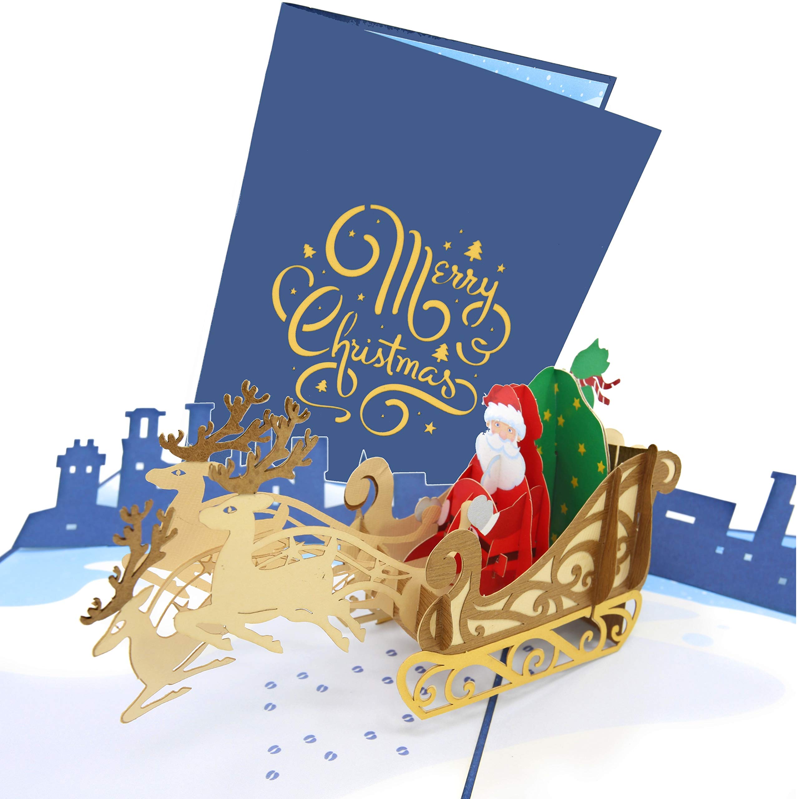 PopLife® Santa's Sleigh and Reindeer Pop Up Christmas Card, Handmade 3D Holiday Greeting, Blank Merry Christmas Note, Small Stocking Present for Friends and Family, Naughty or Nice — image 1