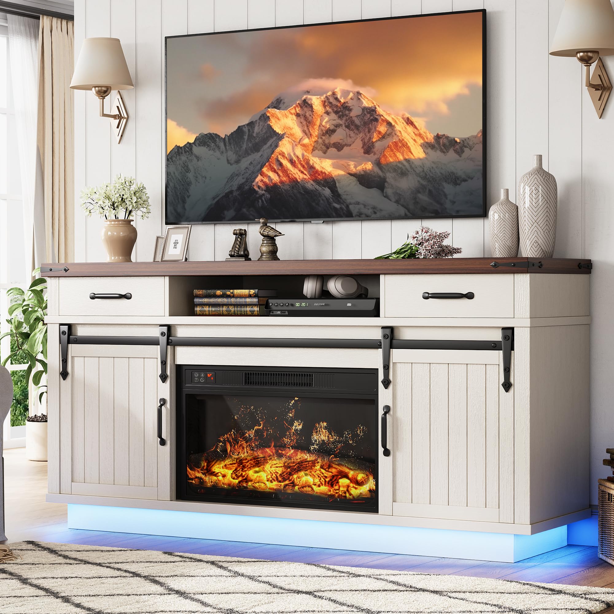 Photo 1 of ***FIREPLACE & HARDWARE ARE MISSING***59'' Fireplace TV Stand with 3D Flame Electric Fireplace Heater, 34'' Tall Farmhouse TV Stand for 65 Inch TV, Entertainment Center TV Console with 2 Drawers, Sliding Barn Door for Living Room***FIREPLACE & HARDWARE AR