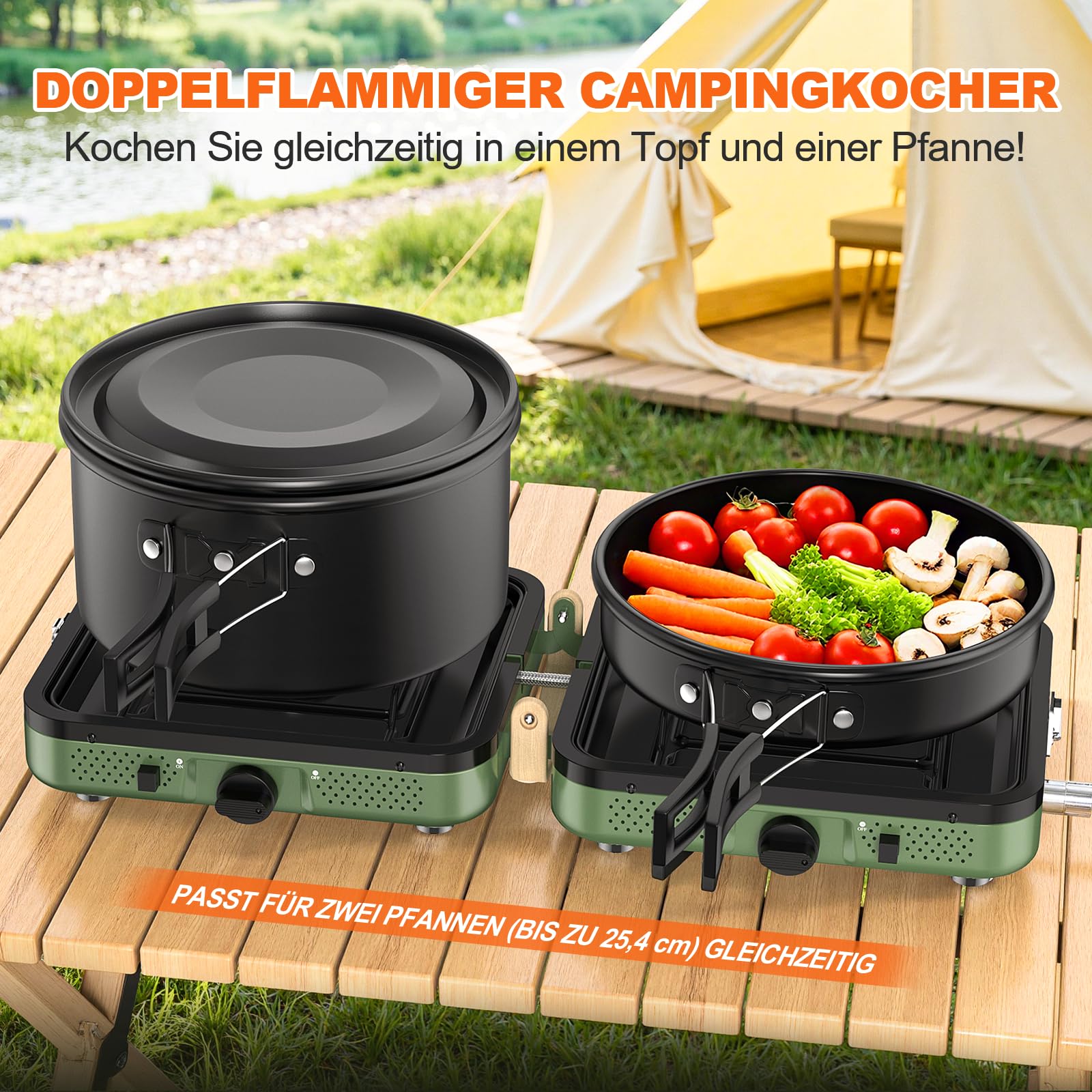 2-Flammig Campingkocher Gas Faltbar, Camping Gaskocher Herd mit Zünder & Tragetasche für Outdoor-Kochen, Campingplatz, Gartenparty, Grillabend, Picknick, Festival-Camping, Vanlife (ohne Grillplatte) 2