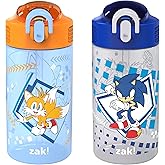 Zak Designs Sonic Kids' 2-Pack Leak-Proof Water Bottles With Straw, Handle and Pop-Up Spout Cover