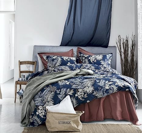 images Blue Palm Bedding midnight blue botanical print duvet quilt cover egyptian cotton bedding set modern luxury minimal palm leaf dark navy taupe floral watercolor design