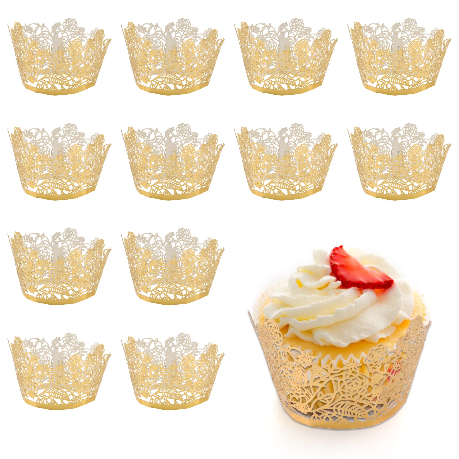 URROMA Gold Rose Lace Cupcake Wrappers, Vine Lace Cupcake Liners Laser Cut Cupcake Liners for Weddings Birthdays Tea Parties