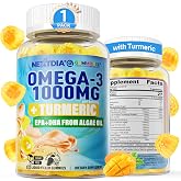 Omega-3 Gummies 1000mg + Turmeric, Fish Oil Alternative No Fish Taste, 60Ct | Burpless Algae DHA 600mg + EPA 300mg(3:1), Vegan Sugar Free Omega 3 Fatty Acids for Women Men Adults, Vitamins A C E Zinc MSM