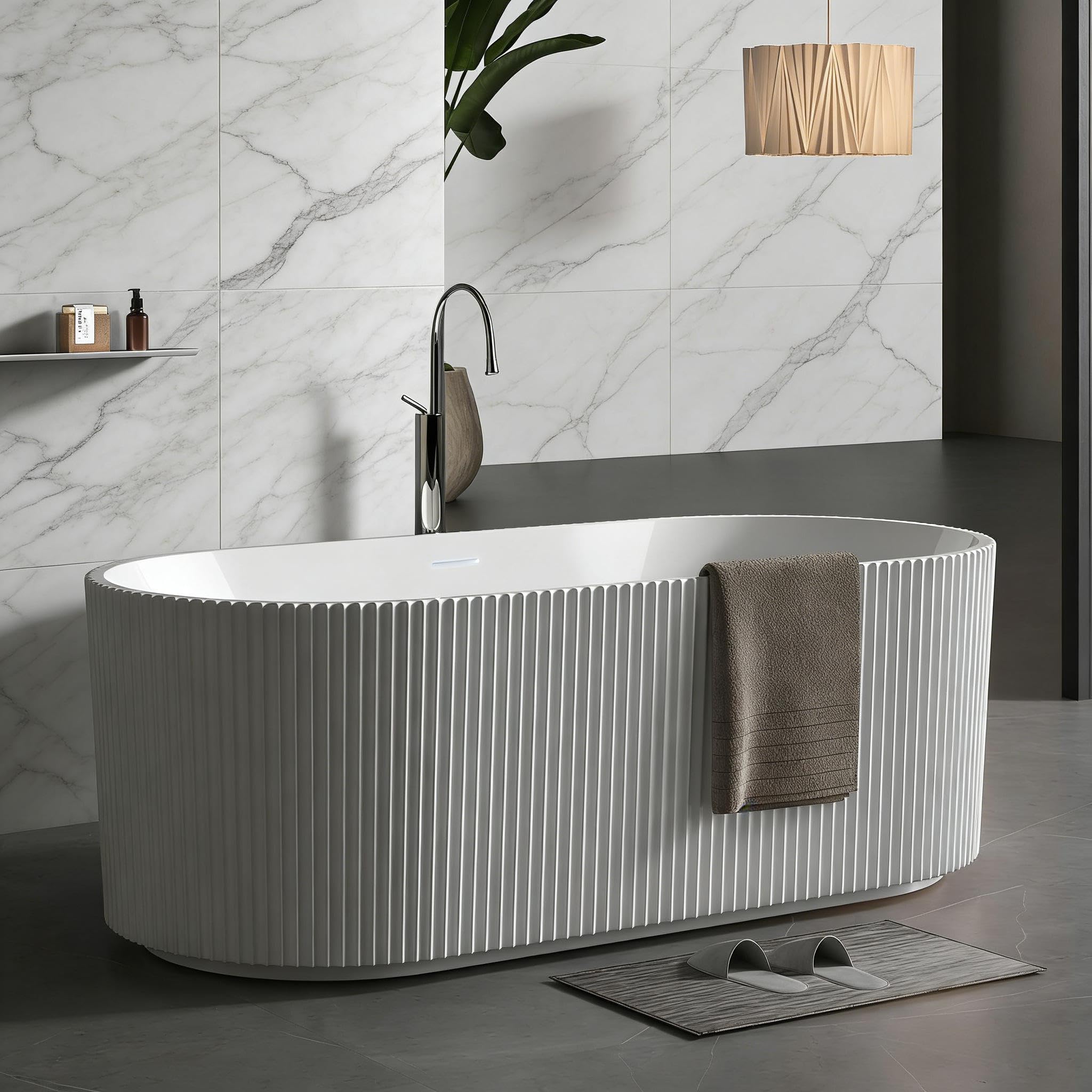 Photo 1 of 59 Inch Acrylic Freestanding Bathtub, Deep Soaking Tub with Non-Slip Base, CUPC Certified Free Standing Tub, Chrome Drain Bath Tub, Modern Tub for Bathrooms, White