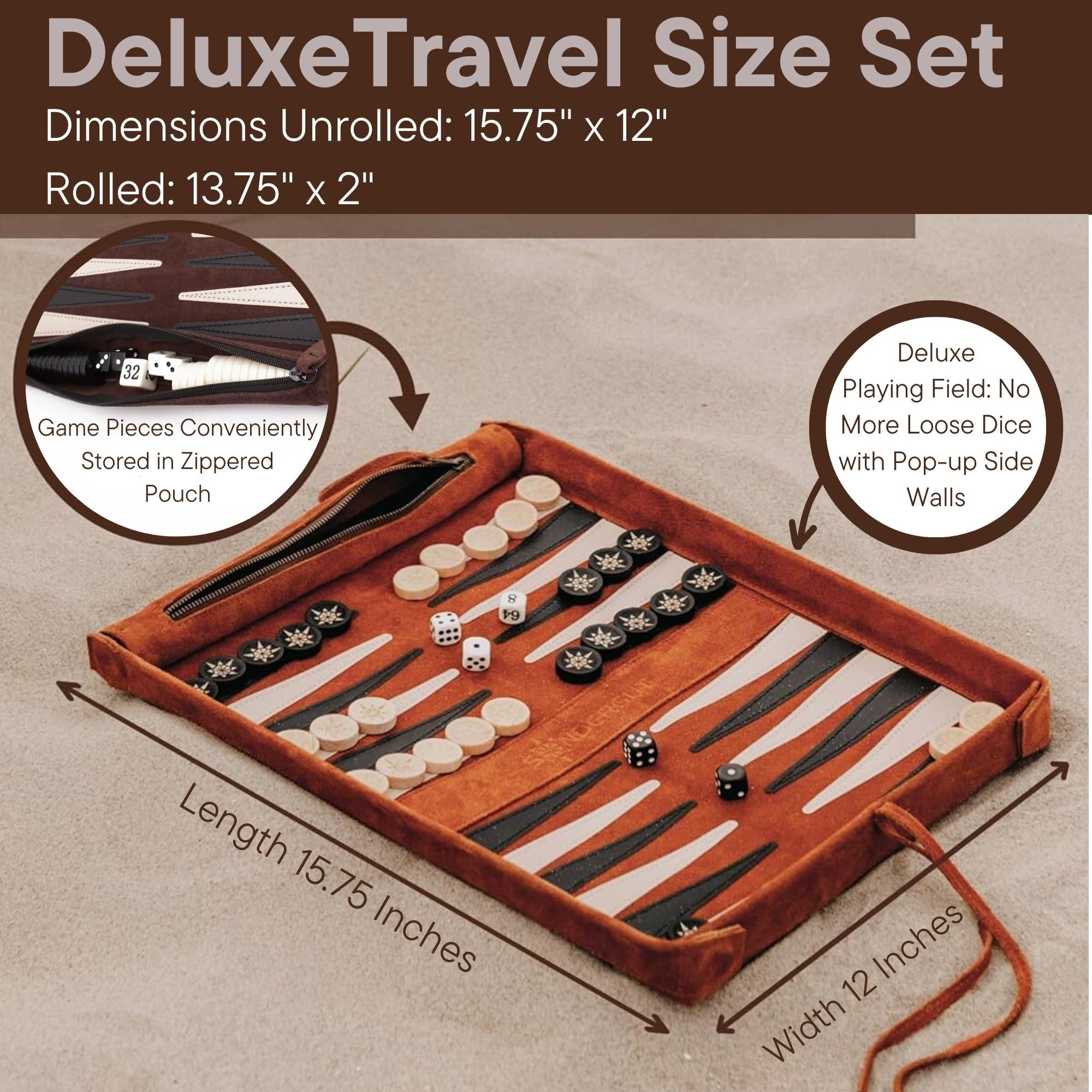 Sondergut Roll-up Portable Suede Deluxe Backgammon Game Set- Elegant Design Engraved Wood Stones Pop-Up Playing Field - Ideal for RV Travel, Cruise, Airplane, Camping, Backpacking, Road Trips, Etc.
